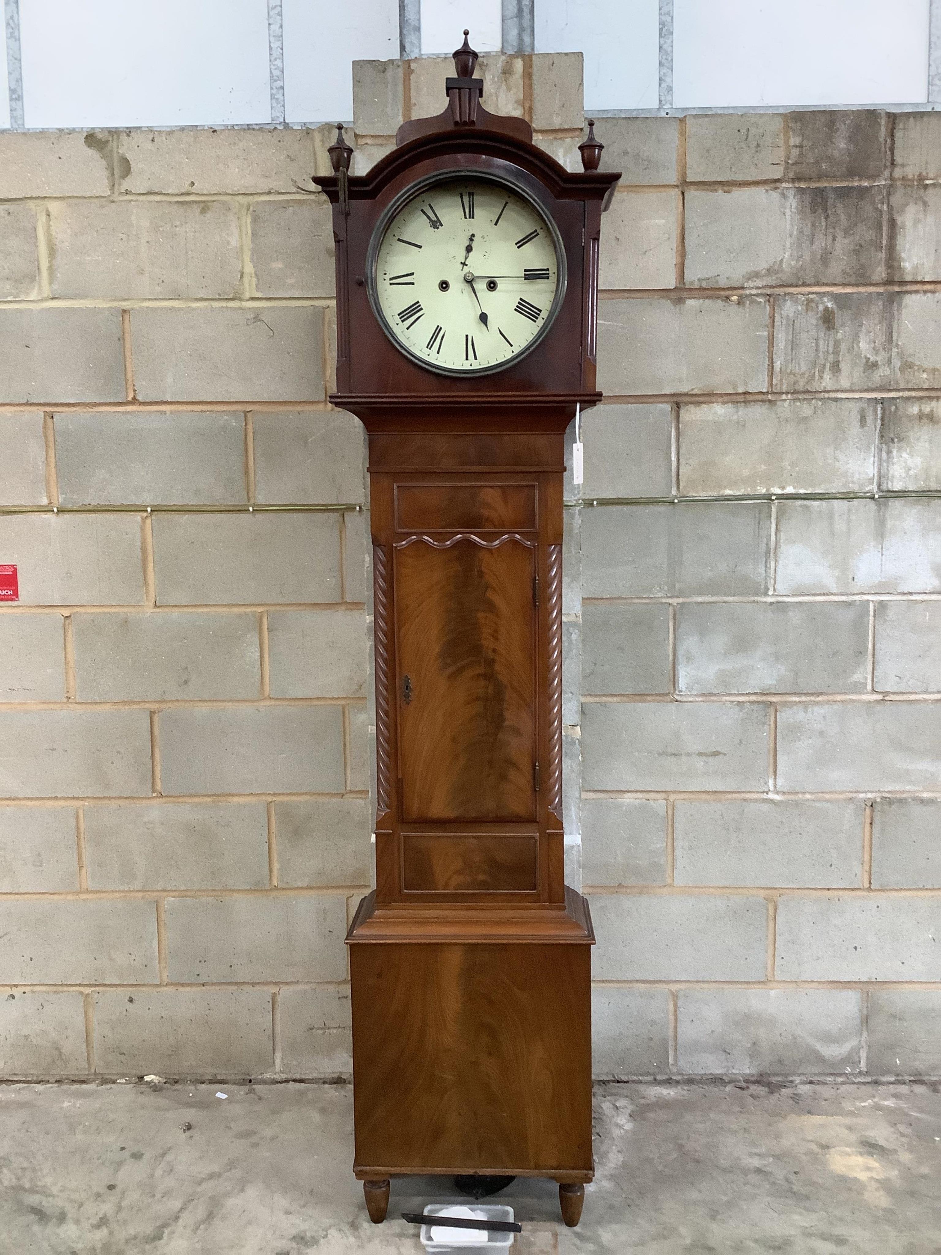 An early Victorian mahogany eight day longcase clock with a circular enamel dial, height 218cm. Condition - fair, lacks dial glass